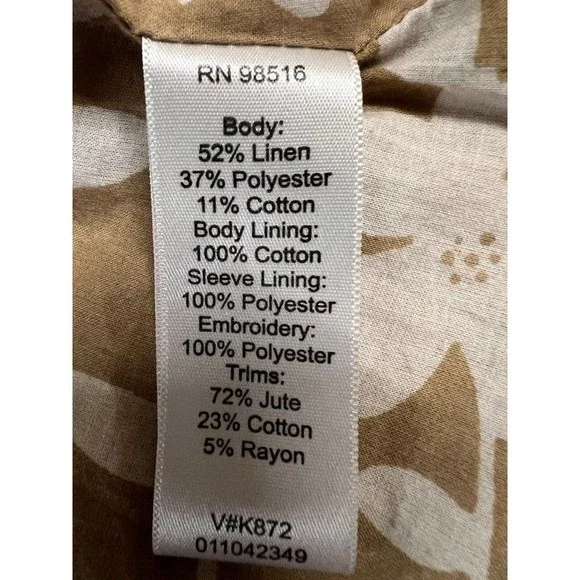 Coldwater Creek Tan Embroidered Floral Western Boho Linen Blazer Jacket Size 10 - Picture 9 of 11